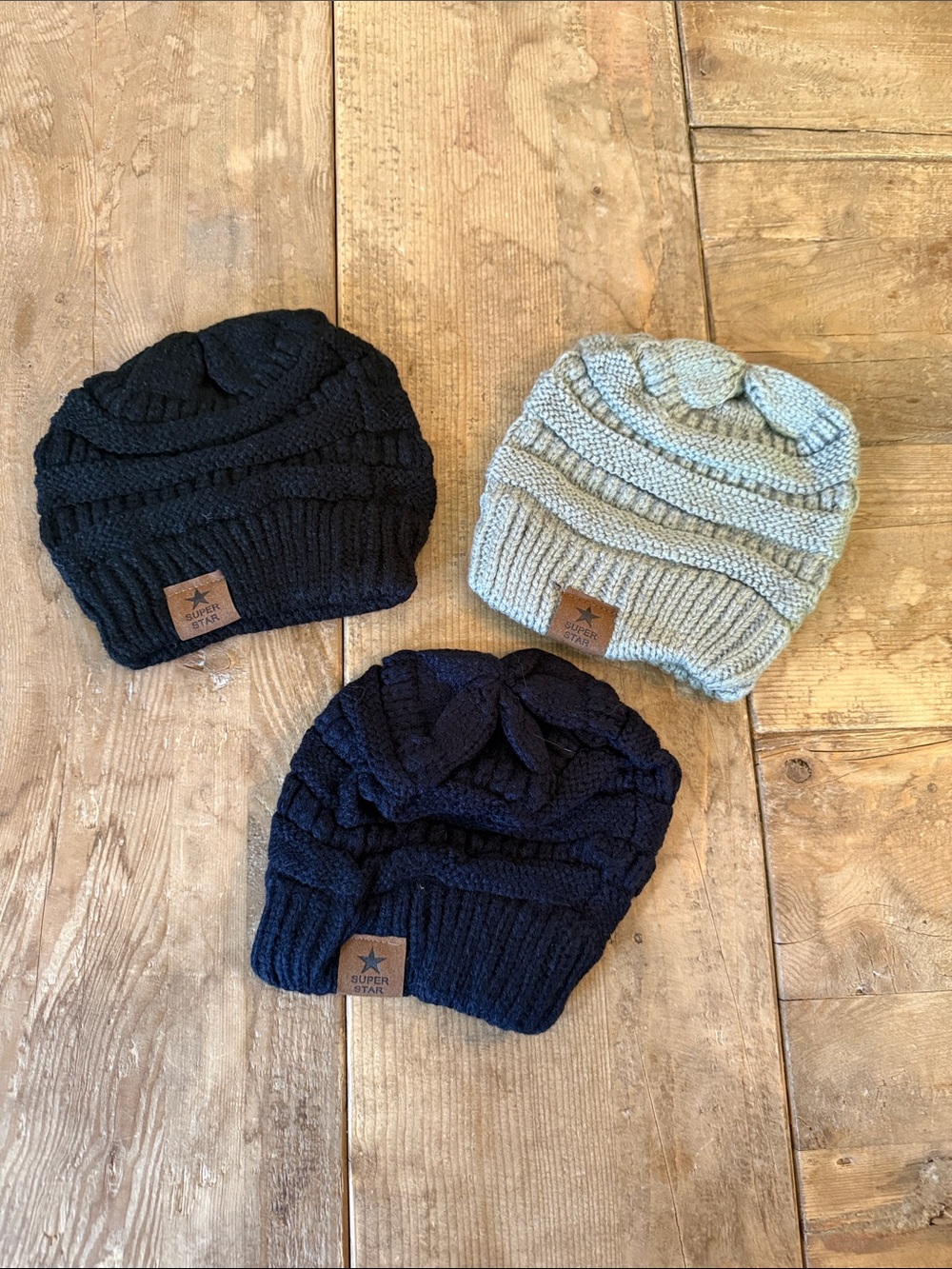 Kids Star-Tag Knit Beanie - Black, Navy, Sage